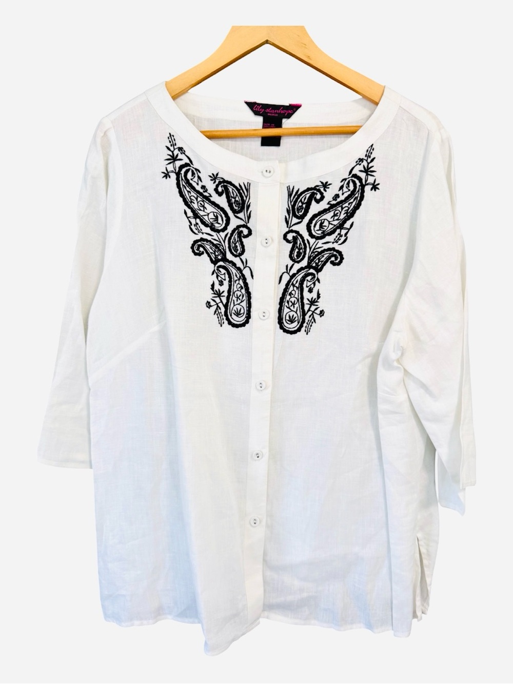 Lily Stanhope Women’s 100% White Linen
Embroidered Paisley Tunic Blouse Top 1X